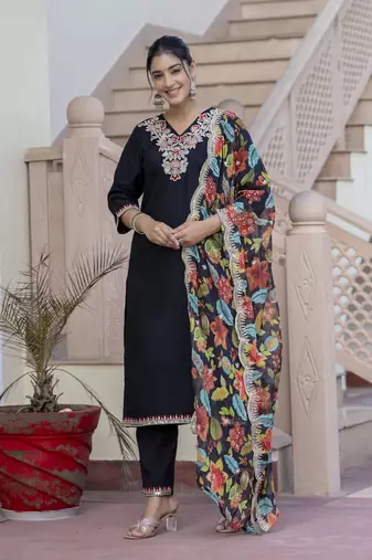 Black embroidered silk blend salwar suit