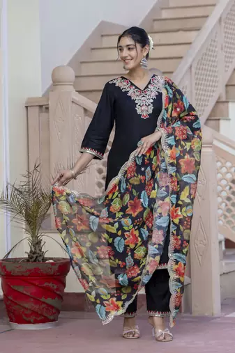 Black embroidered silk blend salwar suit