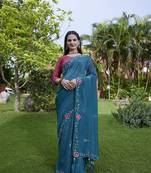 Teal chiffon festive saree