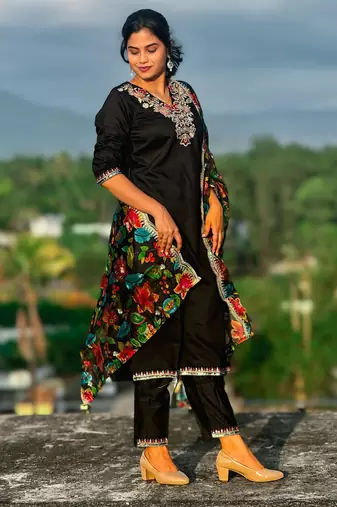 Black embroidered silk blend salwar suit