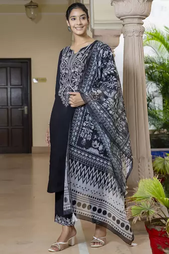 Black embroidered silk blend salwar suit