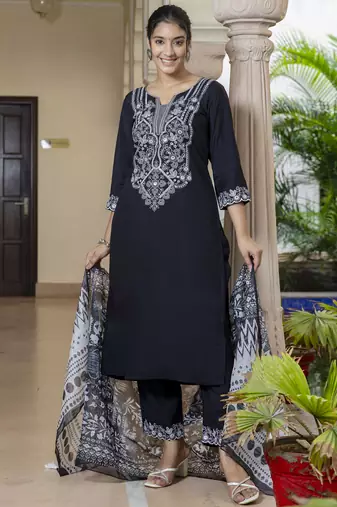 Black embroidered silk blend salwar suit