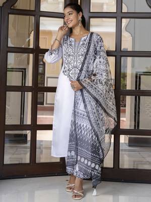 White embroidered silk blend salwar suit 1