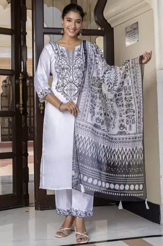 White embroidered silk blend salwar suit