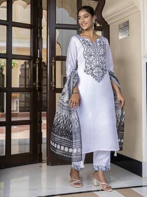 White embroidered silk blend salwar suit 3