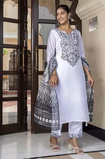 White embroidered silk blend salwar suit