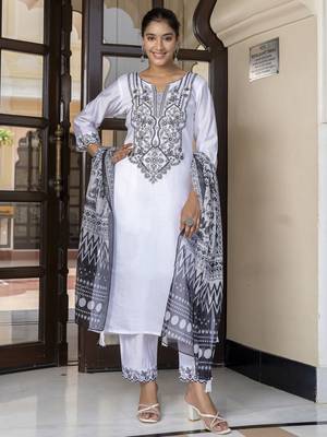 White embroidered silk blend salwar suit 4