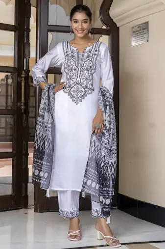 White embroidered silk blend salwar suit