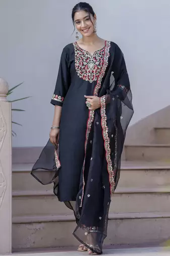 Black embroidered silk blend salwar suit