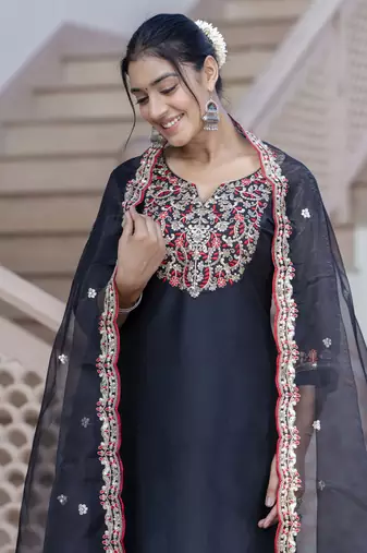 Black embroidered silk blend salwar suit