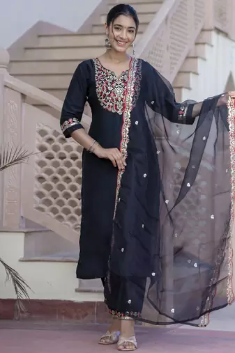 Black embroidered silk blend salwar suit