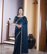Teal blue chiffon embroidered saree