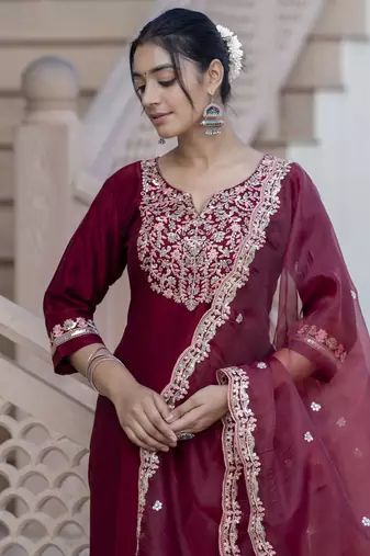 Maroon embroidered silk blend salwar suit