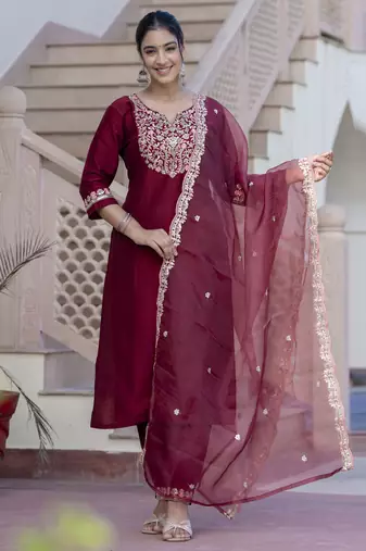Maroon embroidered silk blend salwar suit