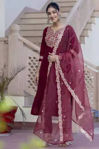 Maroon embroidered silk blend salwar suit