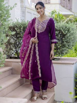 Purple embroidered silk blend salwar suit 1