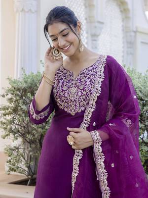 Purple embroidered silk blend salwar suit 2