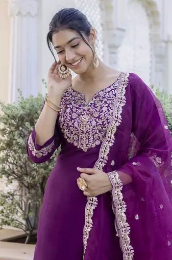 Purple embroidered silk blend salwar suit