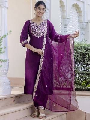 Purple embroidered silk blend salwar suit 3