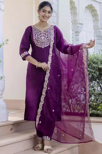 Purple embroidered silk blend salwar suit