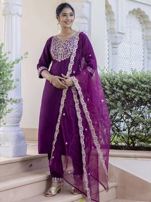 Purple embroidered silk blend salwar suit 4