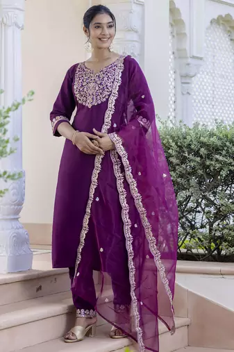 Purple embroidered silk blend salwar suit