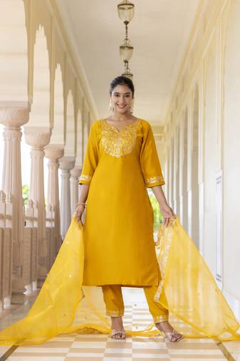 Yellow embroidered silk blend salwar suit