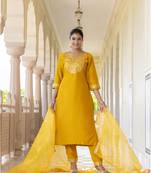 Yellow embroidered silk blend salwar suit