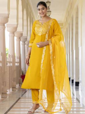 Yellow embroidered silk blend salwar suit 2