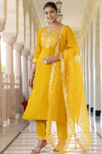 Yellow embroidered silk blend salwar suit