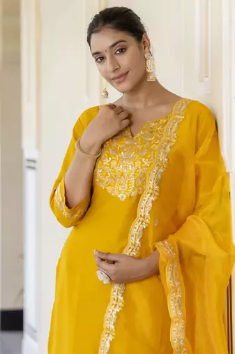 Yellow embroidered silk blend salwar suit