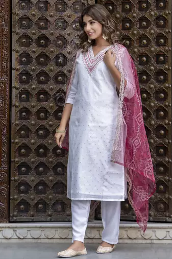 White embroidered chanderi silk salwar suit