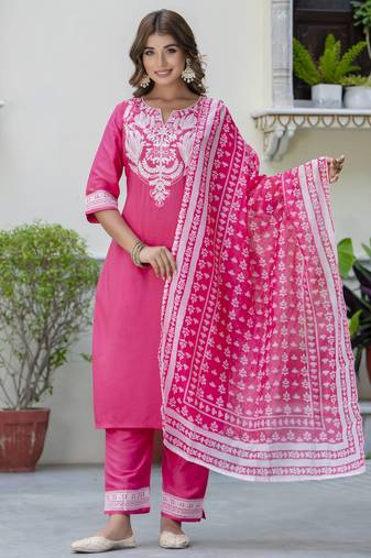 Pink embroidered silk blend salwar suit