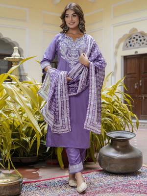 Purple embroidered silk blend salwar suit 1