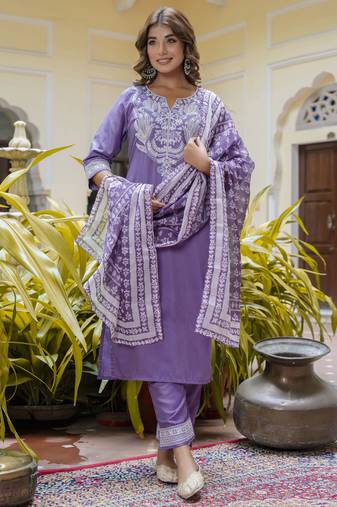 Purple embroidered silk blend salwar suit