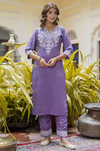 Purple embroidered silk blend salwar suit