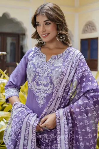 Purple embroidered silk blend salwar suit