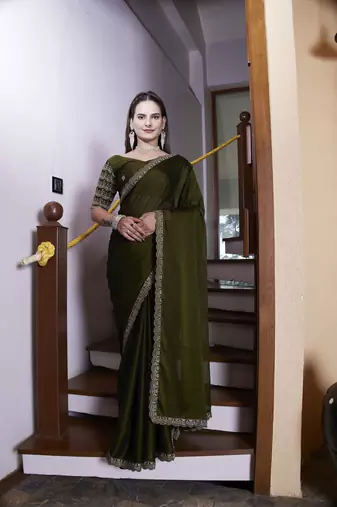 Mahendi chiffon embroidered saree