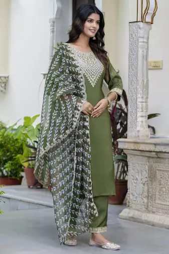 Green embroidered silk blend salwar suit
