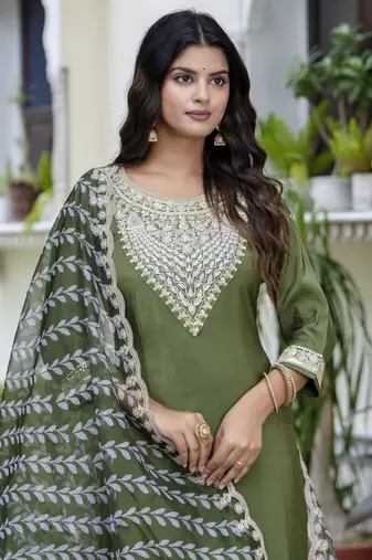 Green embroidered silk blend salwar suit