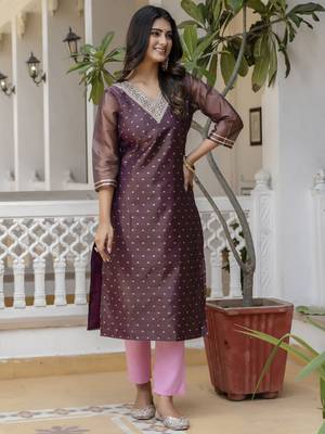 Purple embroidered shimmer silk salwar suit 2