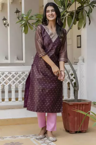 Purple embroidered shimmer silk salwar suit