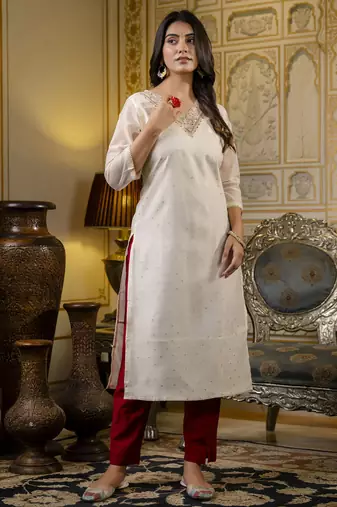 White embroidered shimmer silk salwar suit