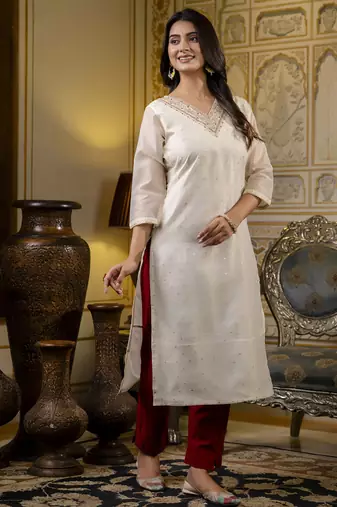 White embroidered shimmer silk salwar suit