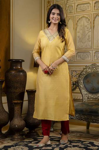 Yellow embroidered shimmer silk salwar suit