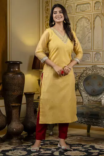 Yellow embroidered shimmer silk salwar suit