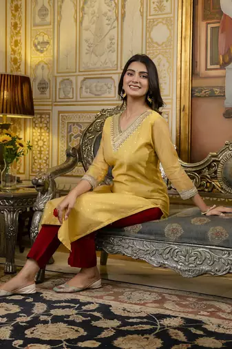 Yellow embroidered shimmer silk salwar suit
