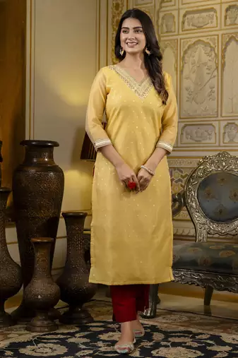 Yellow embroidered shimmer silk salwar suit