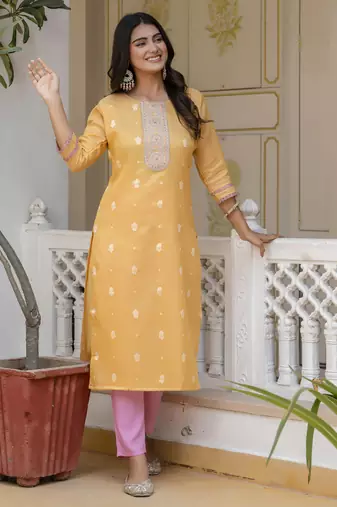 Yellow embroidered shimmer silk salwar suit