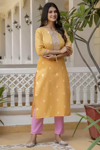 Yellow embroidered shimmer silk salwar suit